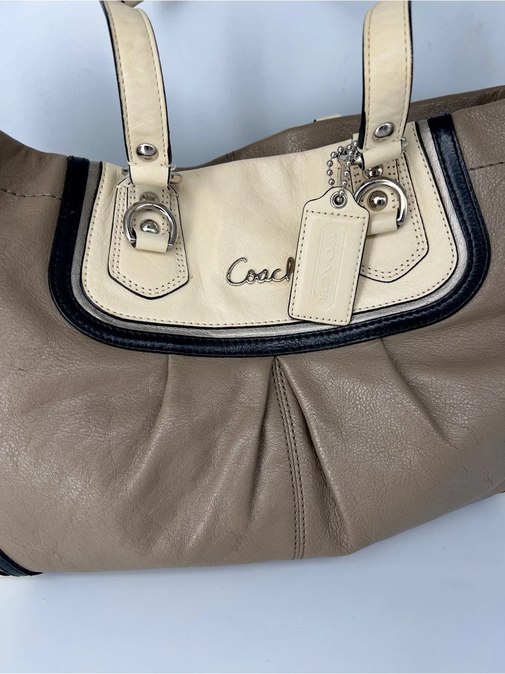 Coach Two-Tone Taupe & Cream Shoulder Bag with Black Trim